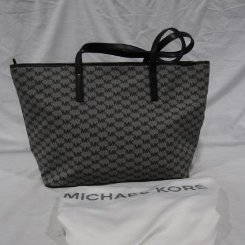EUC Michael Kors Emry Signature Canvas Black Grey Large Zip Tote w/ Dustbag - Picture 3 of 5